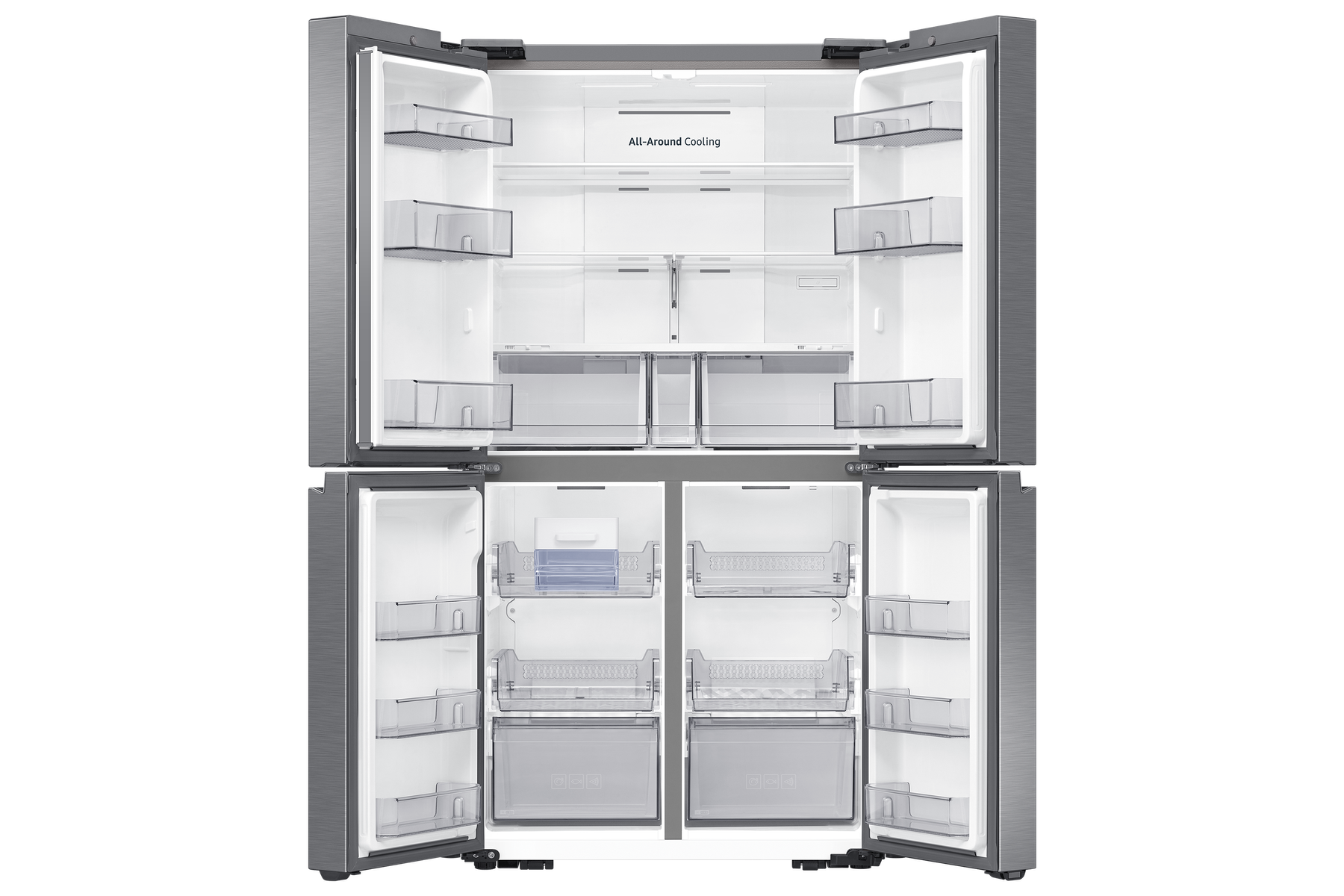 Offener, moderner Kühlschrank mit mehreren Regalen und Schubladen, der die Innenorganisation zeigt.