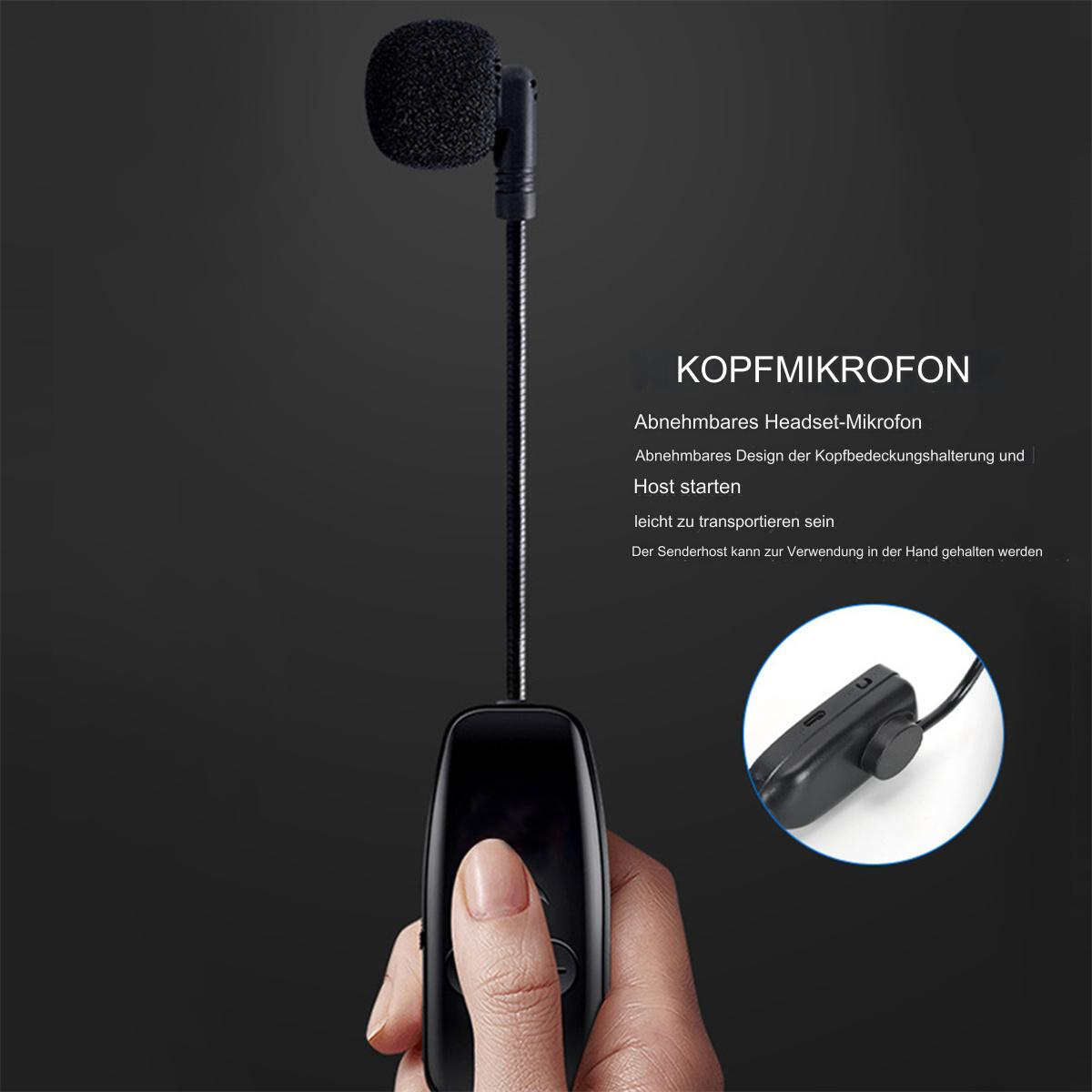 Ein Headset-Mikrofon wird gezeigt. Es ist schwarz, mit einem langen, flexiblen Arm. Ein kleiner Empfänger ist enthalten.