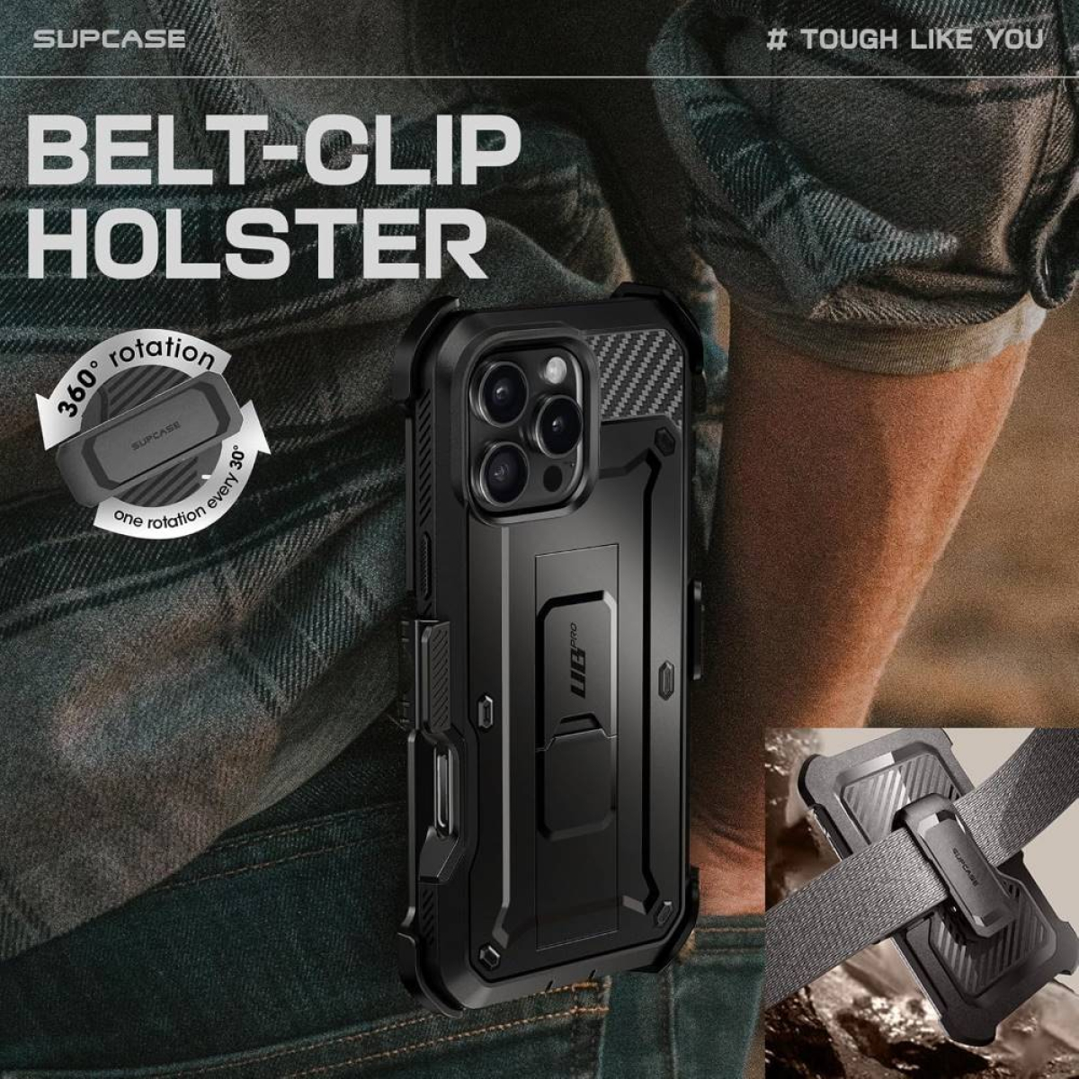 Schwarze Handyhülle mit Gürtelclip. Telefon eingesetzt. Jeans-Hintergrund. Gürtelclip-Detail sichtbar.