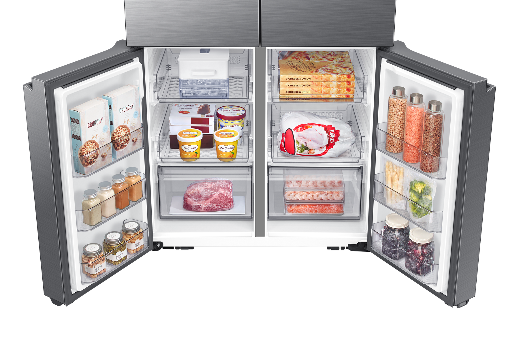 Ein Kühlschrank mit geöffneten Türen, der verschiedene Lebensmittel und Fächer zeigt.