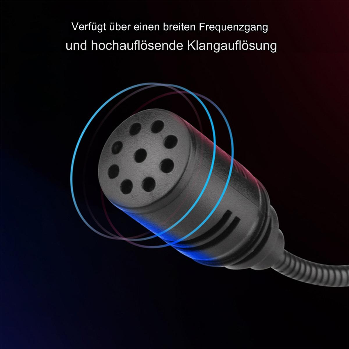Schwarzes Mikrofon mit blau-roter Schallwellengrafik. Dunkelblauer und roter Hintergrund.