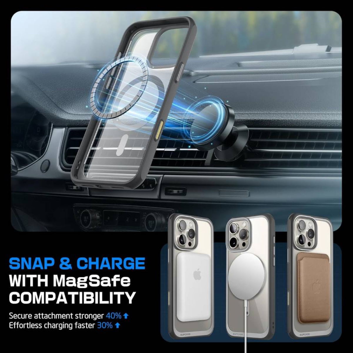 Telefonhüllen mit MagSafe-Kompatibilität, die auf einer Autohalterung gezeigt werden, mit verschiedenen Handyhüllen.
