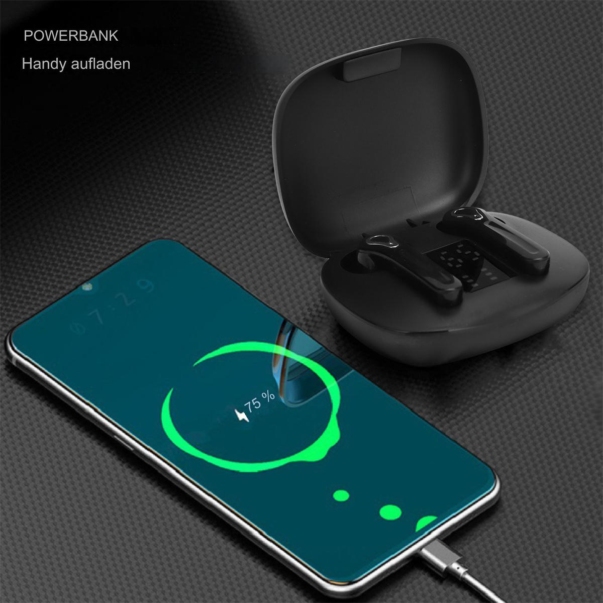 Ein Telefon, das kabellos aufgeladen wird und 75 % Akku anzeigt. Daneben ein Ladeetui mit zwei Ohrhörern.