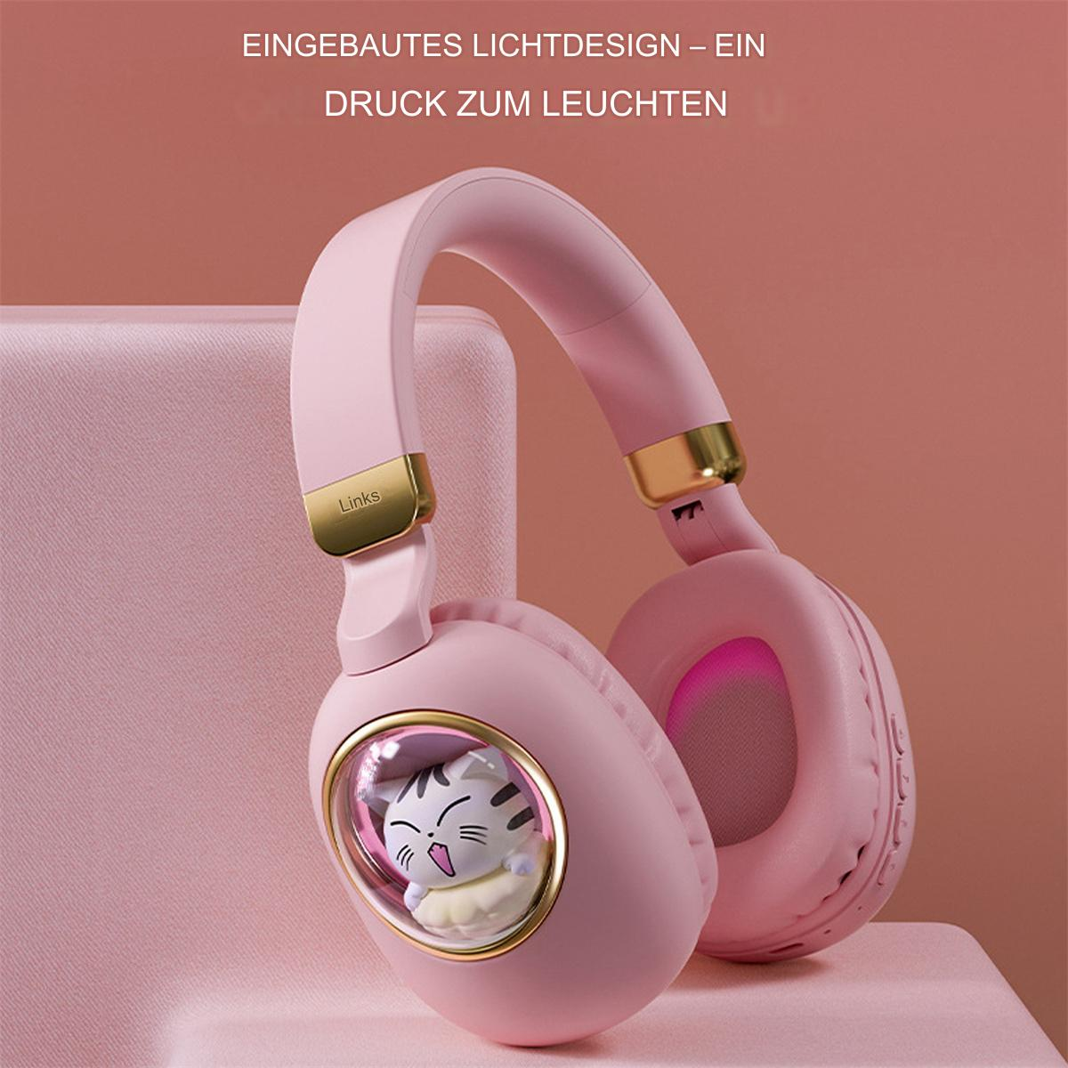 Pinke Kopfhörer mit Katzendesign im Ohr, leuchtendes Licht, auf pinker Oberfläche.