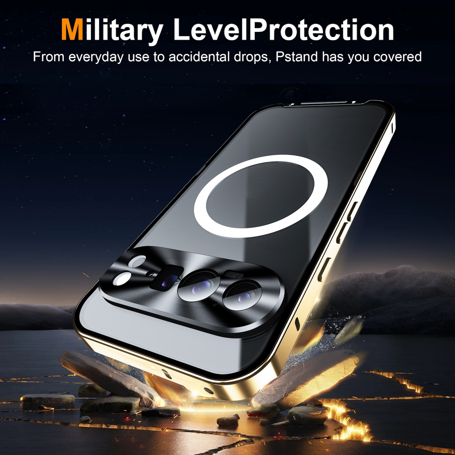 Teléfono en funda con marco dorado, sobre superficie rota. Texto: Military Level Protection.