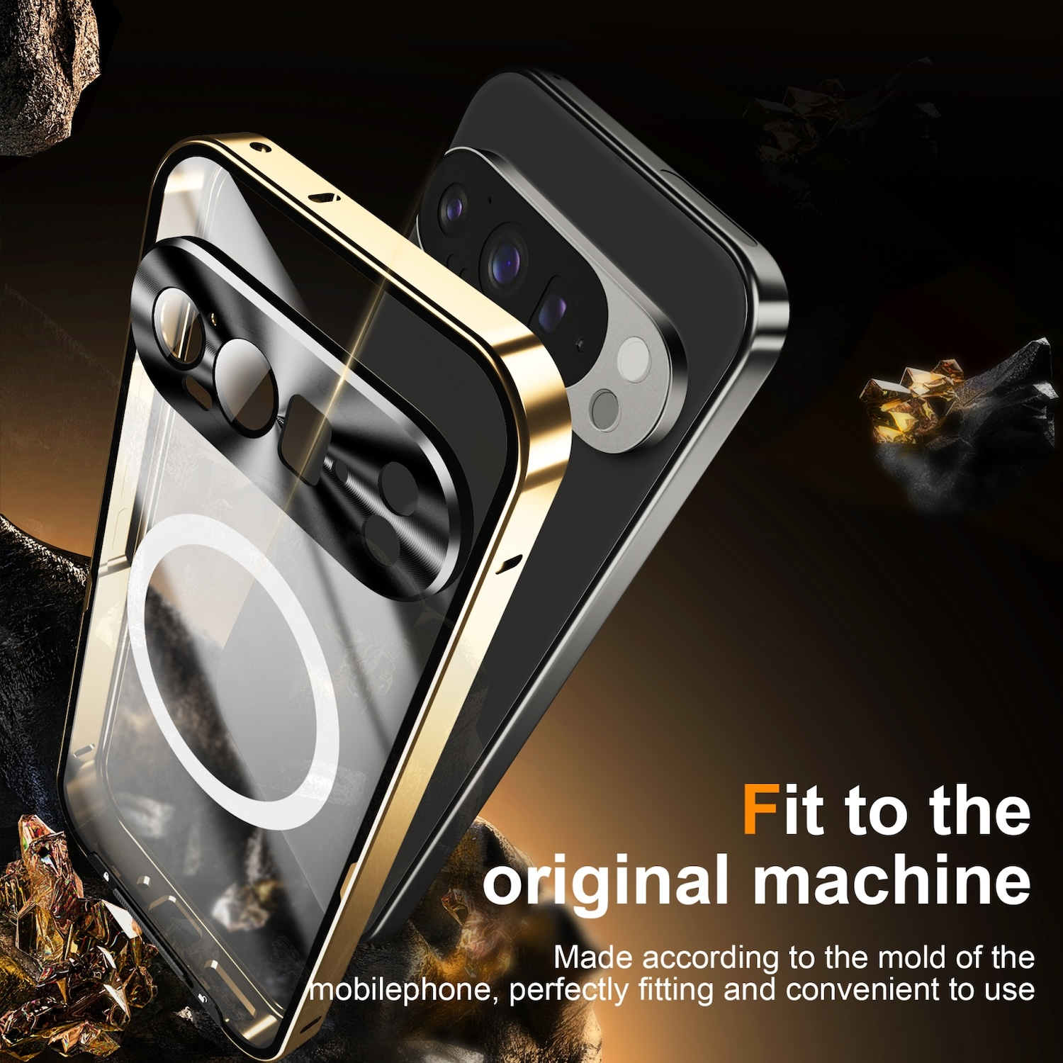 Funda de teléfono con marco dorado y protección de cámara, fondo negro.