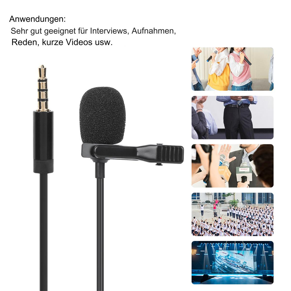Ein schwarzes Mikrofon mit Klinkenstecker und schwarzem Kabel, und mehrere Bilder von Menschen, die es benutzen.