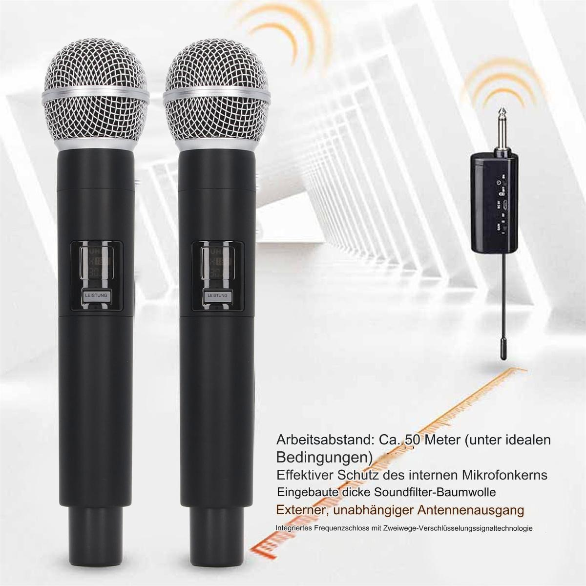 Zwei schwarze Mikrofone mit kleinem Sender, drahtlosem Empfänger. Text beschreibt Arbeitsabstand und Funktionen.