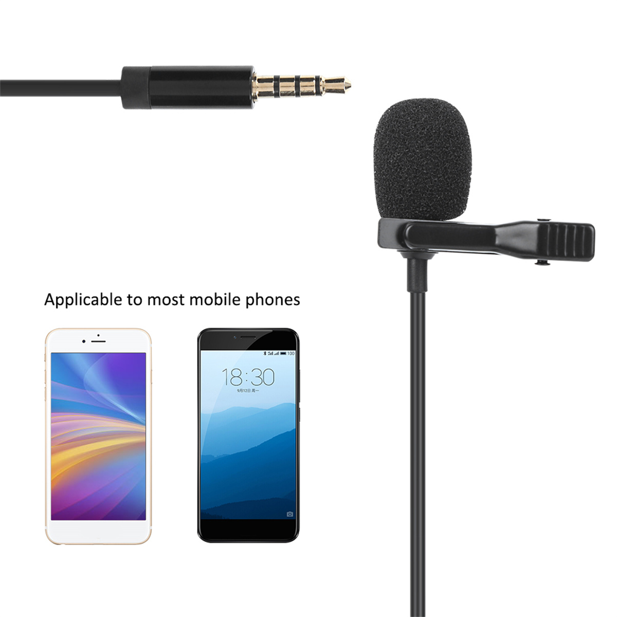 Kleines Mikrofon mit 3,5-mm-Klinke und zwei Telefonen. Text: "Geeignet für die meisten Mobiltelefone."