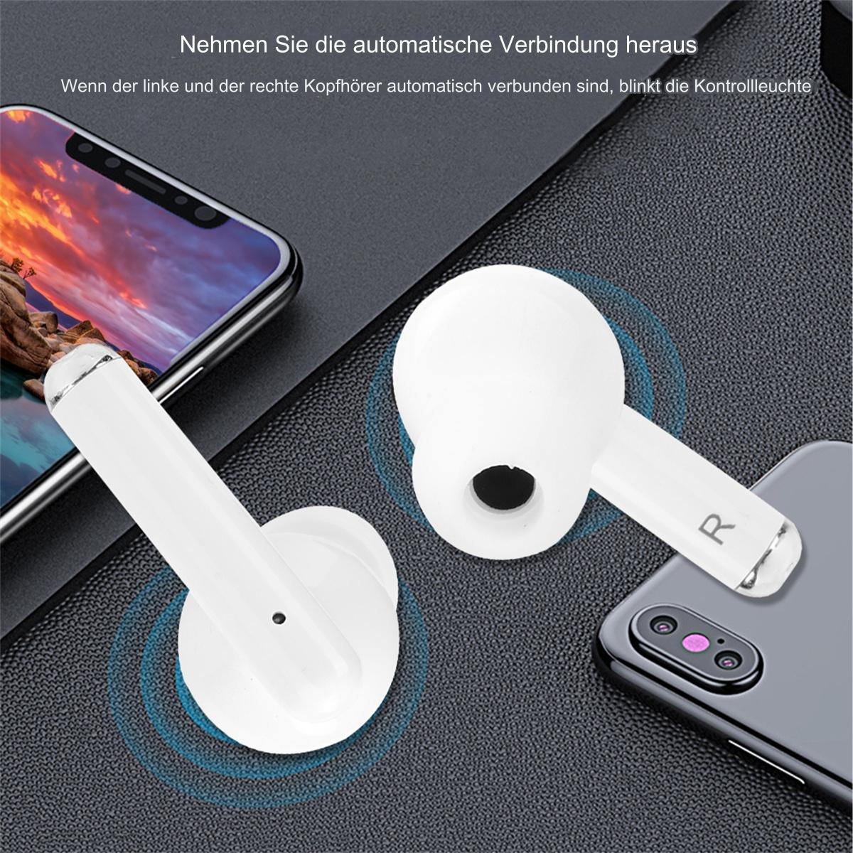Weiße Ohrhörer liegen neben einem Telefon. Das Telefon zeigt die Marke und die Kopfhörer.