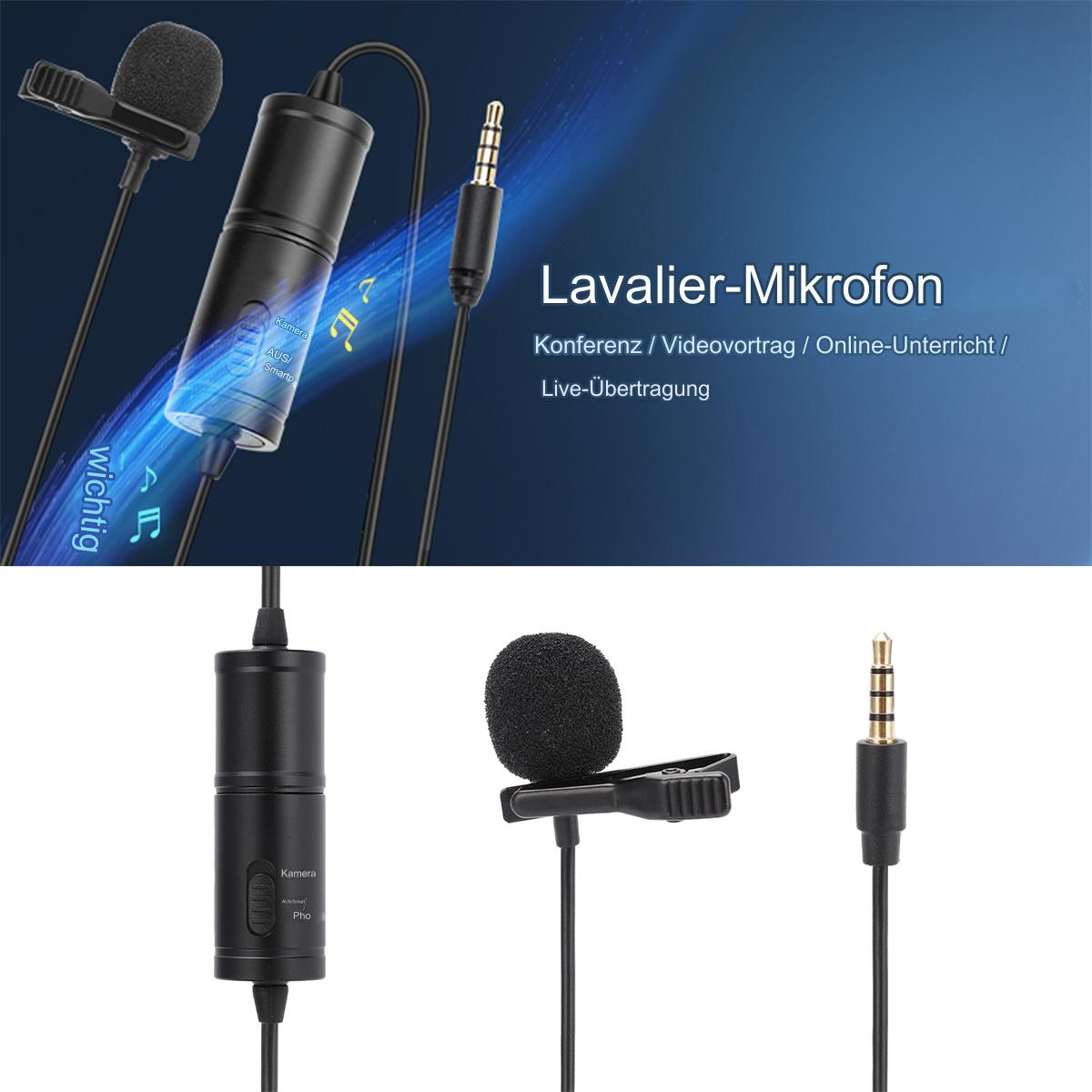 Mehrere schwarze Lavalier-Mikrofone mit Kabeln und 3,5-mm-Klinkenstecker, für Konferenzen oder Online-Unterricht.
