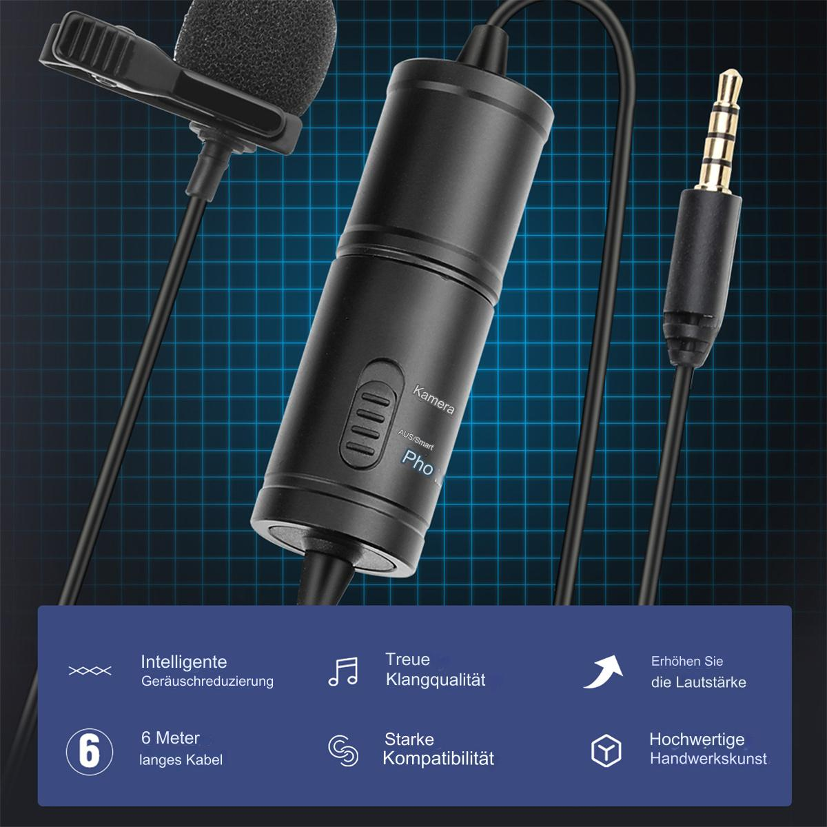 Schwarzes Mikrofon mit Kabel und Klinkenstecker. Zeigt Symbole mit Funktionen wie Rauschunterdrückung und Kompatibilität.