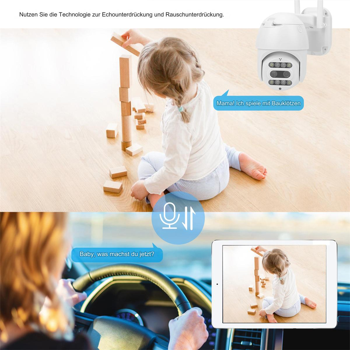 Ein Kind spielt mit Blöcken. Eine Überwachungskamera ist im Hintergrund. Eine Frau fährt Auto.