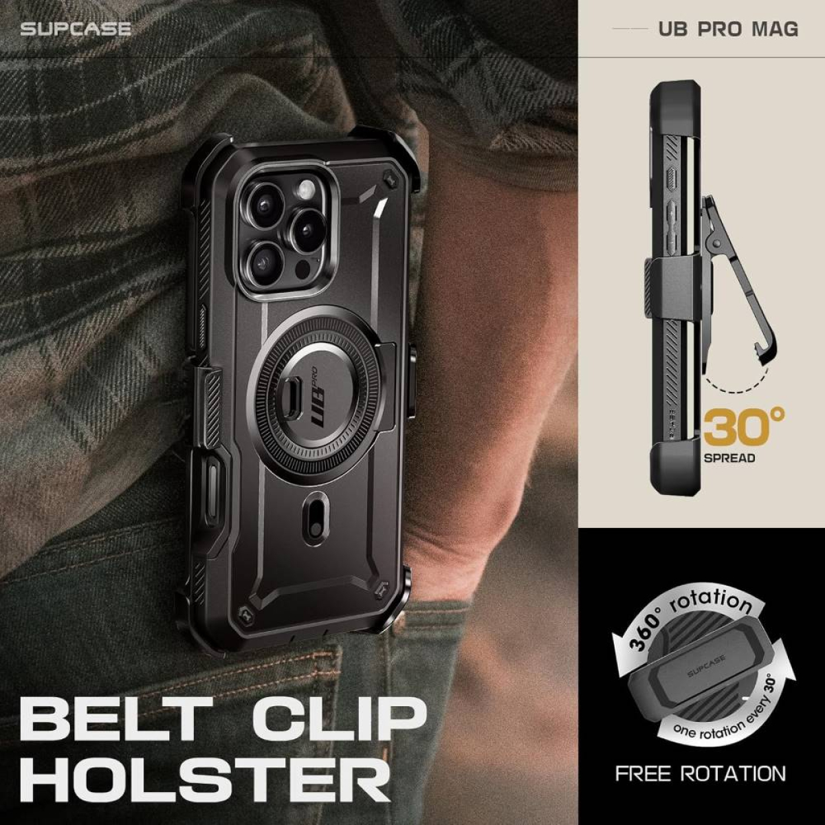 Handyhülle mit Gürtelclip. Schwarzes, robustes Design. Telefon befestigt und abgenommen.