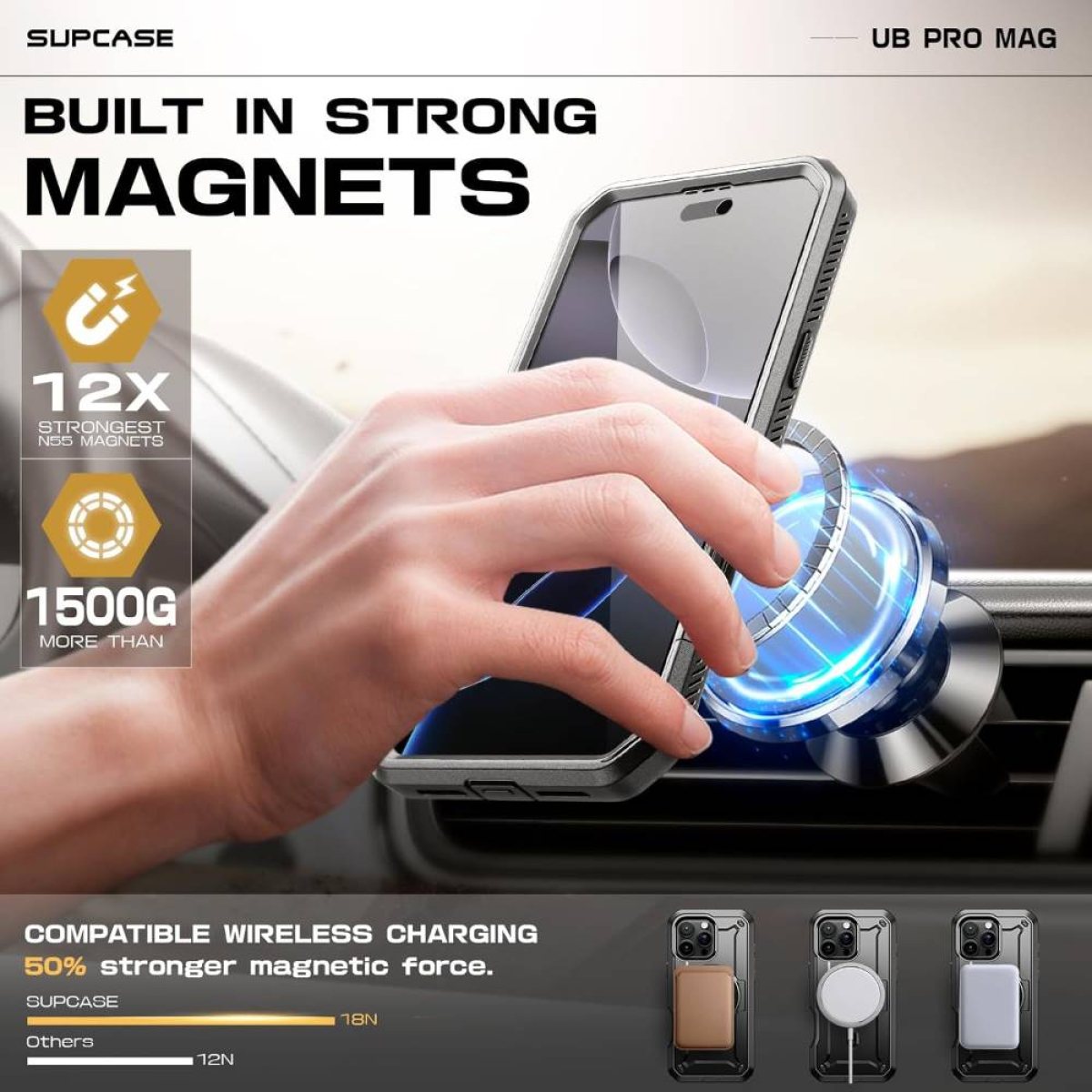Hand hält Telefon mit Hülle und magnetischer Autohalterung. Eigenschaften: Eingebaute starke Magnete und kabelloses Laden.