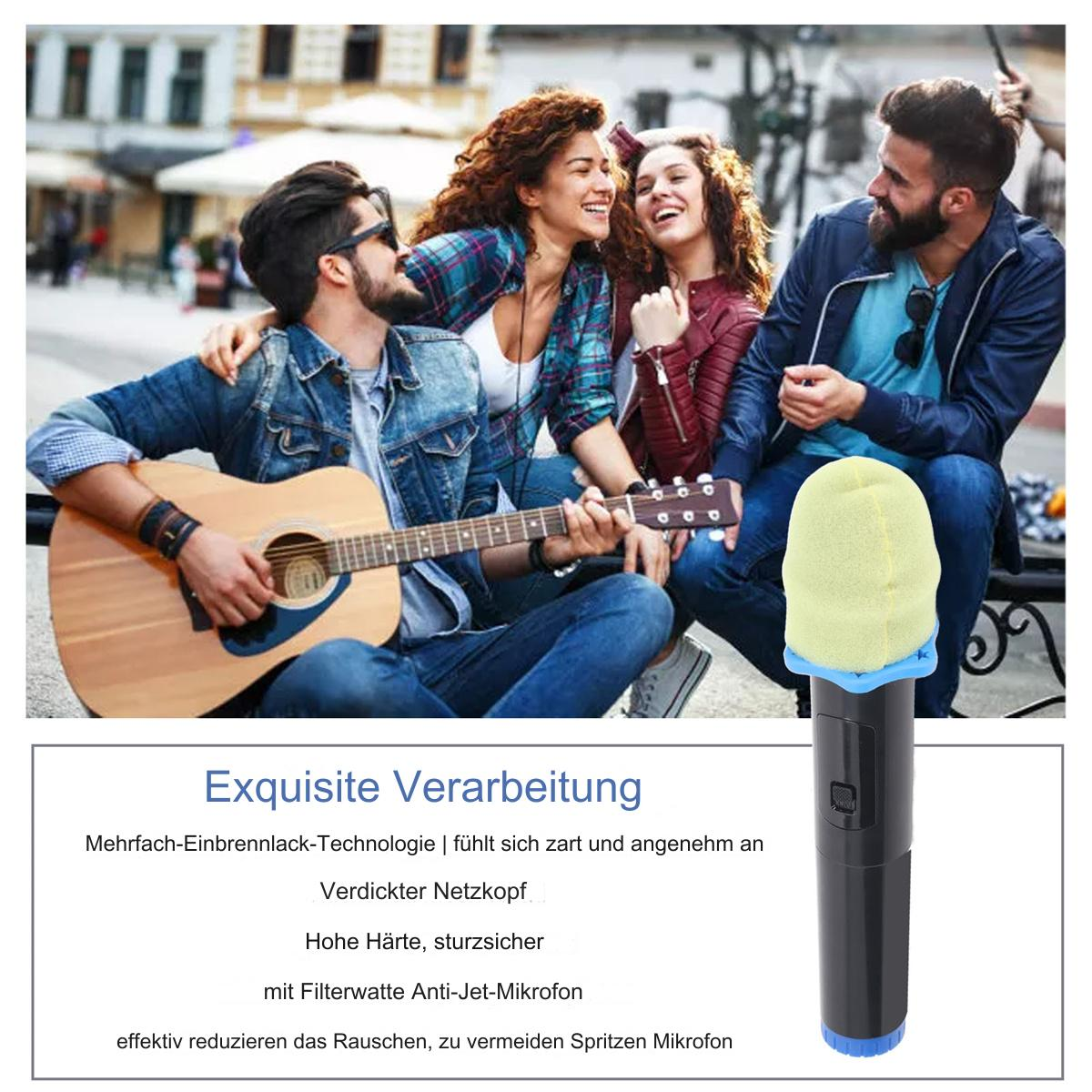 Gruppe von Leuten mit Gitarre und Mikrofon, mit Text über die Eigenschaften des Mikrofons.