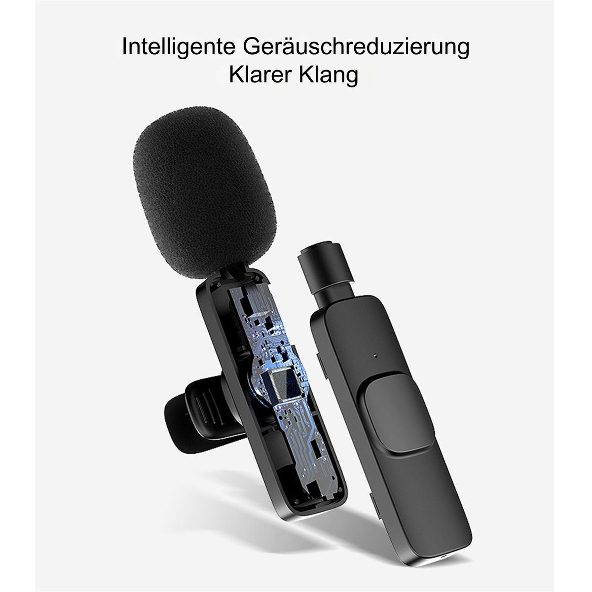 Zwei schwarze drahtlose Mikrofone. Eines hat eine Schaumabdeckung, das andere einen Ladeanschluss.