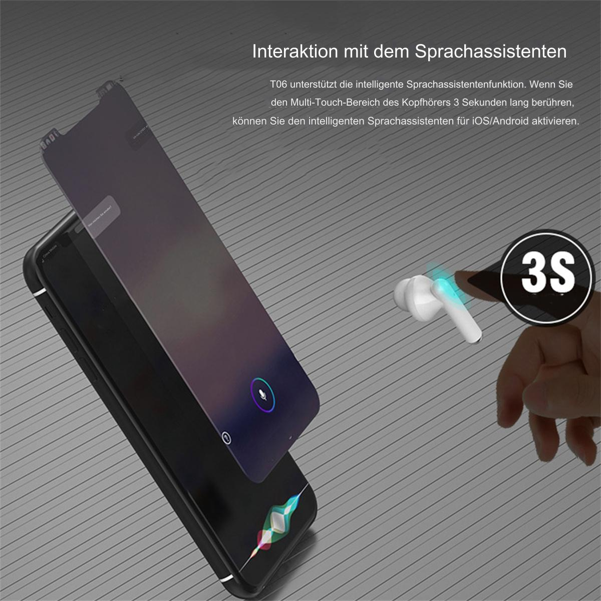 Smartphone und weiße Ohrhörer. Eine Hand berührt die Ohrhörer, und ein Bildschirm zeigt einen Sprachassistenten.