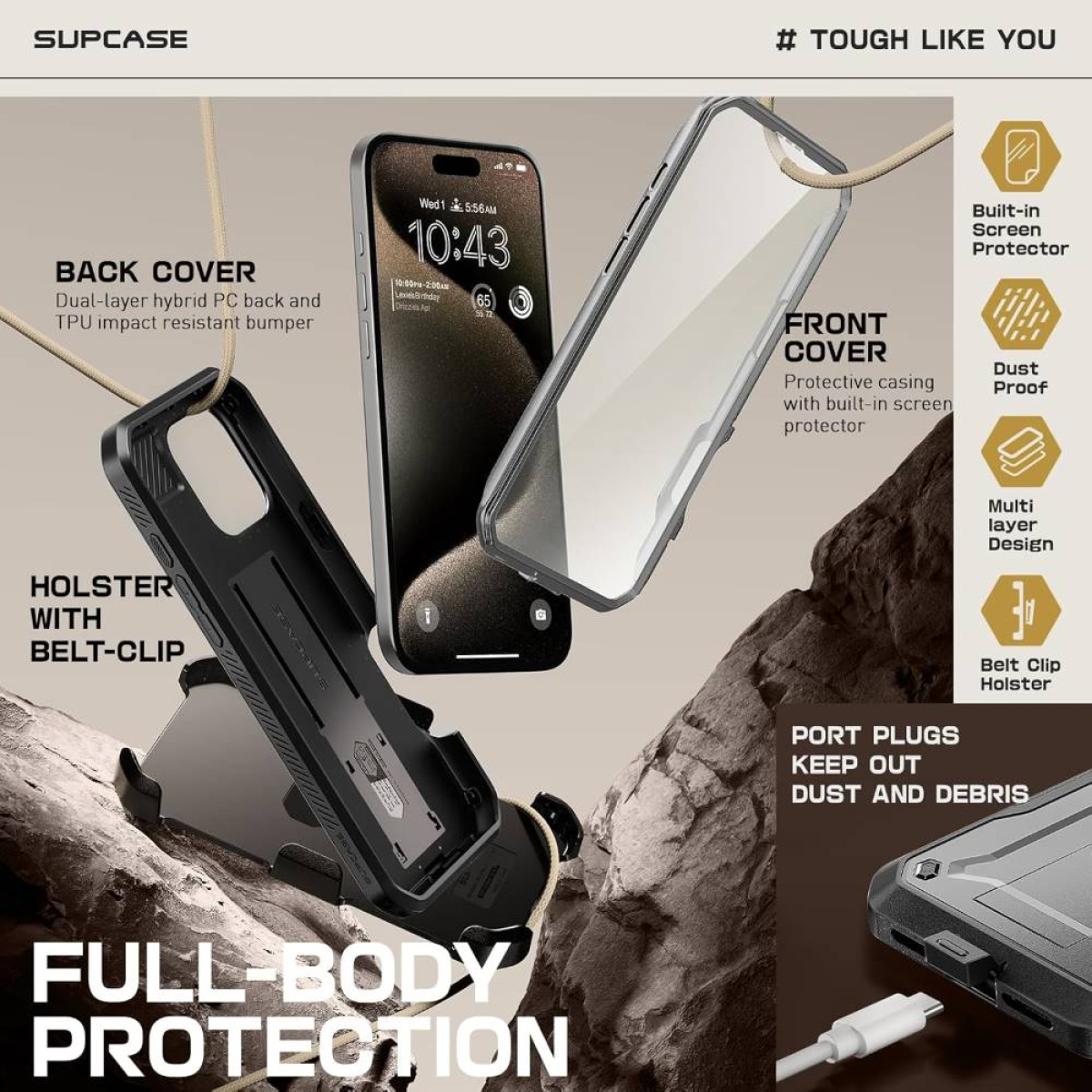 Handyhülle mit Telefon im Inneren, Rückseite, Vorderseite und Holster mit Gürtelclip zeigend.