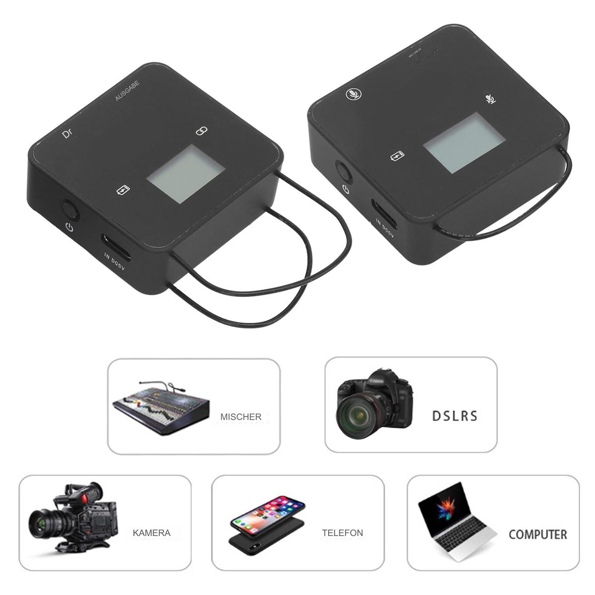 Zwei schwarze drahtlose Audiogeräte mit Kamera-, Telefon- und Computer-Symbolen.