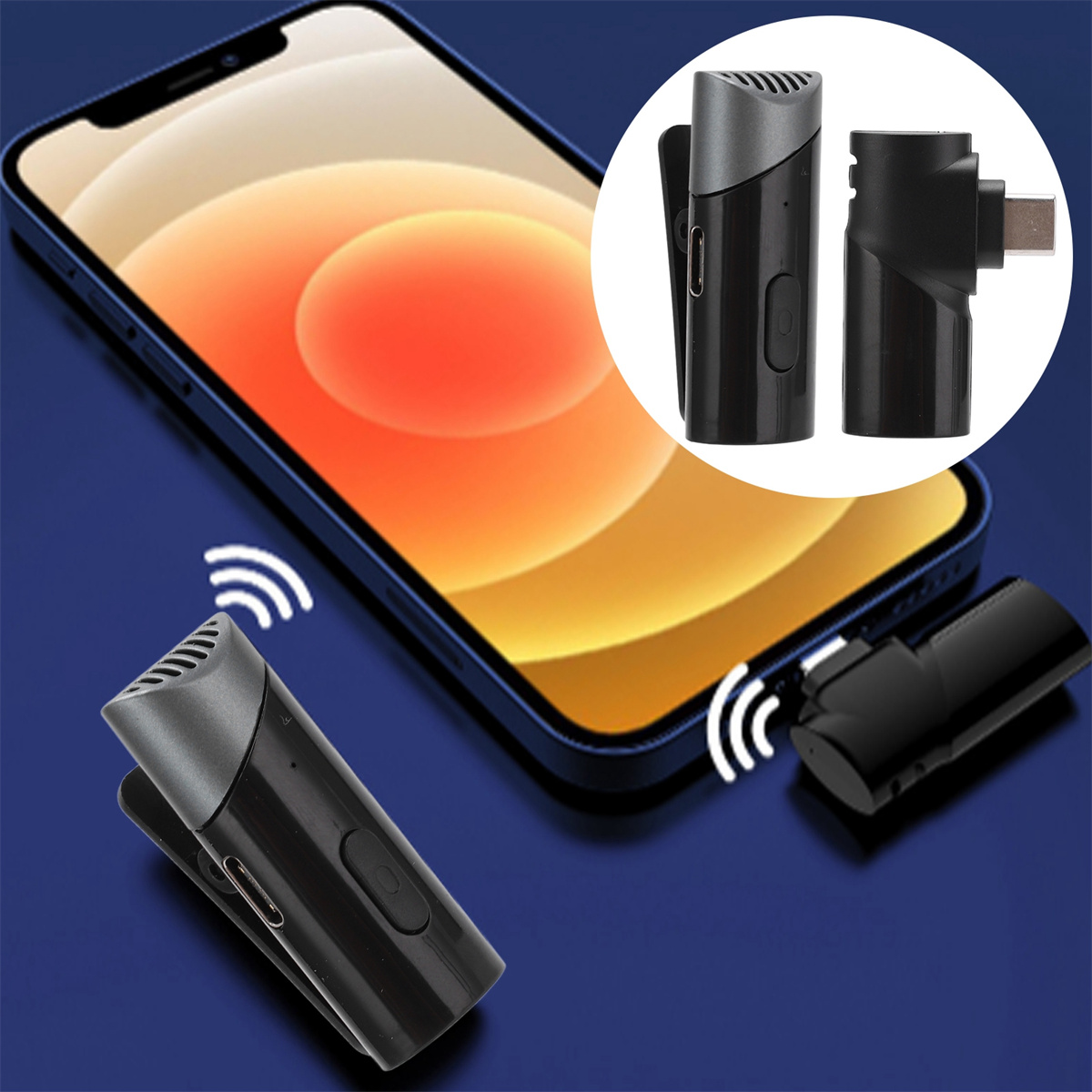 Drahtloses Mikrofon-Set. Ein Smartphone ist im Hintergrund. Das Set beinhaltet einen Empfänger und einen Sender.