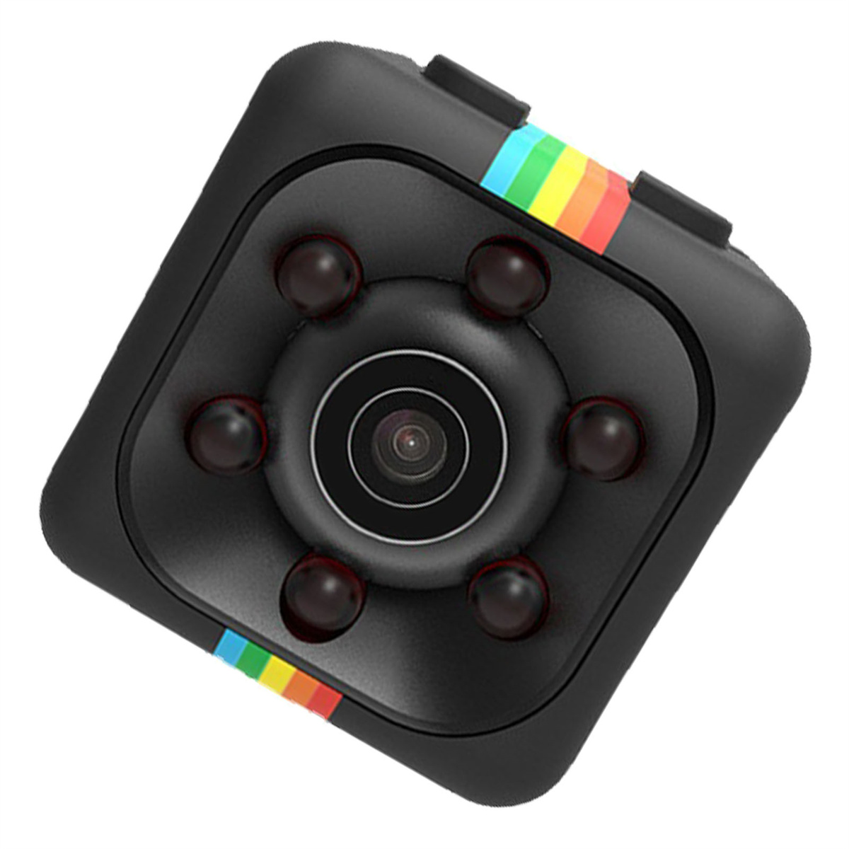 Schwarze quadratische Kamera mit Regenbogenstreifen. Sechs rote Linsen umgeben die Hauptlinse.