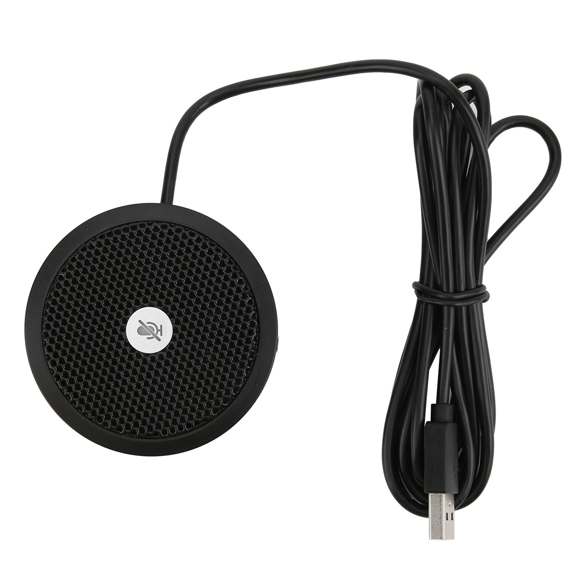 Schwarzes Mikrofon mit rundem Kopf und Stummschaltungstaste. Ein schwarzes Kabel ist befestigt.