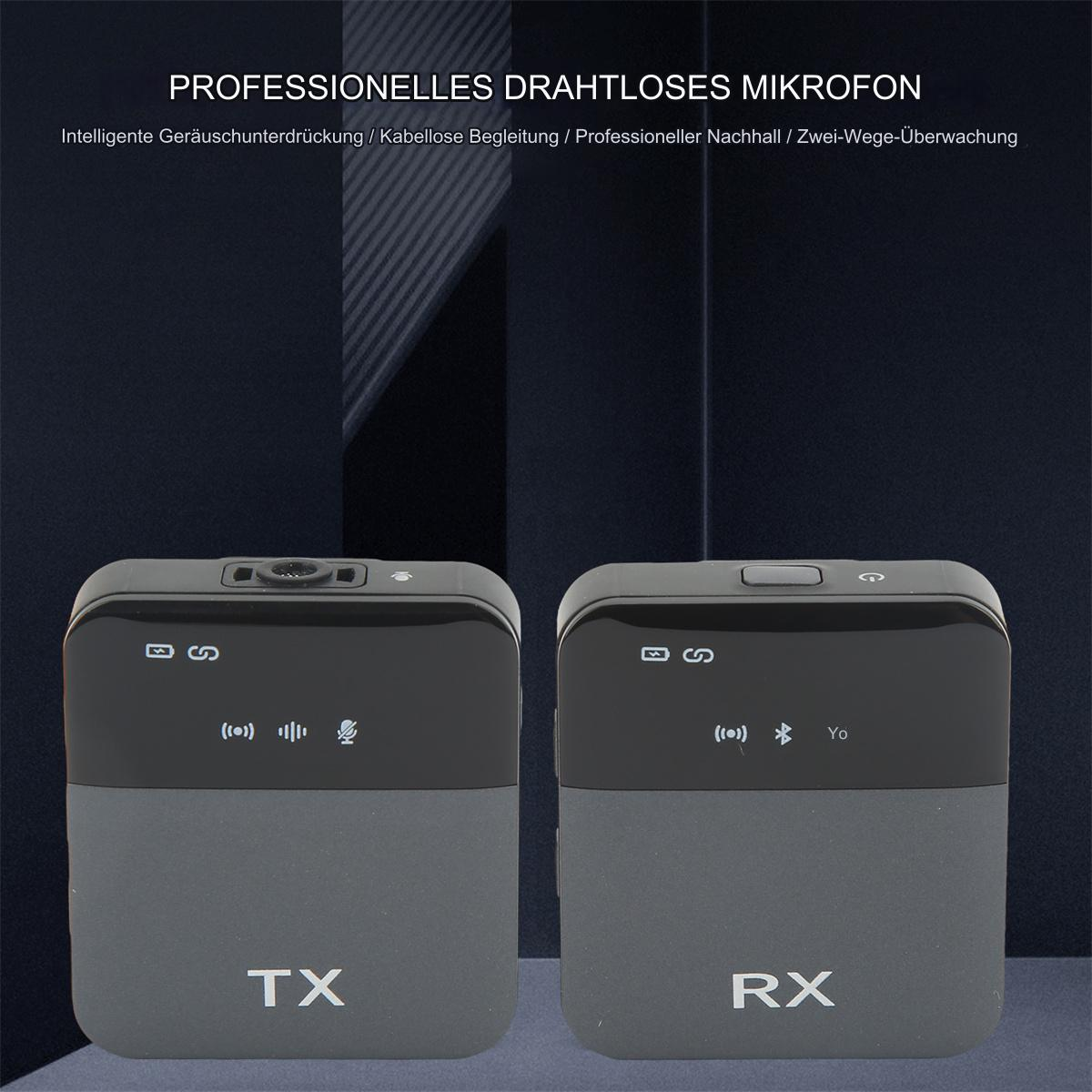 Zwei drahtlose Mikrofon-Sender, mit TX- und RX-Beschriftung, auf dunklem Hintergrund.