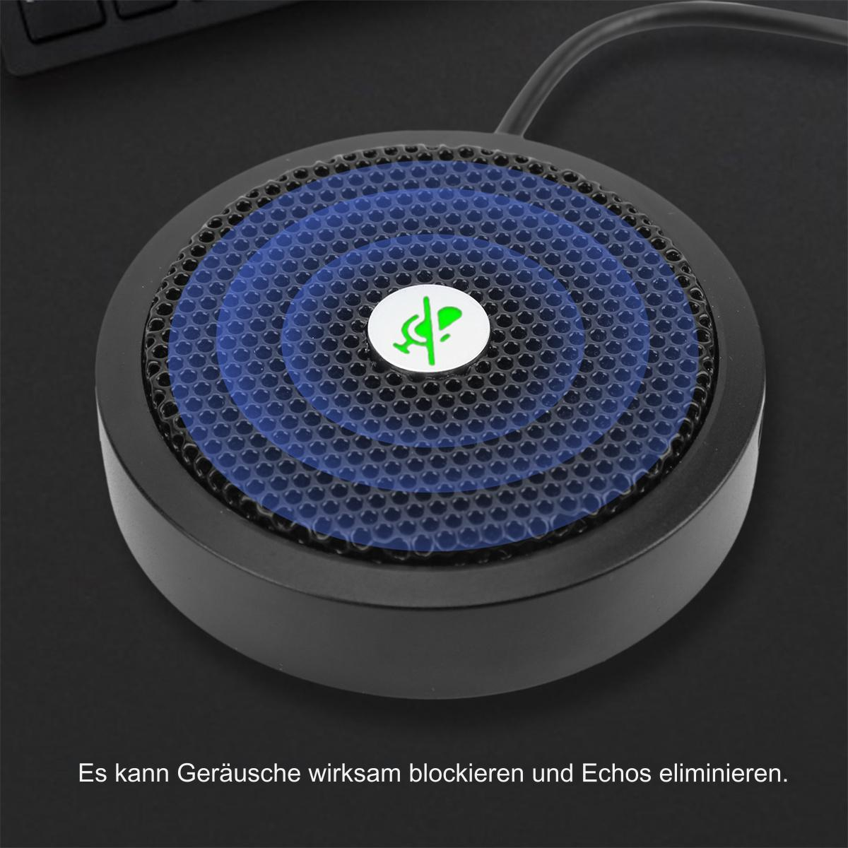 Ein schwarzes Tischmikrofon mit blau gemusterter Oberseite. Es hat ein grünes Mikrofonsymbol.