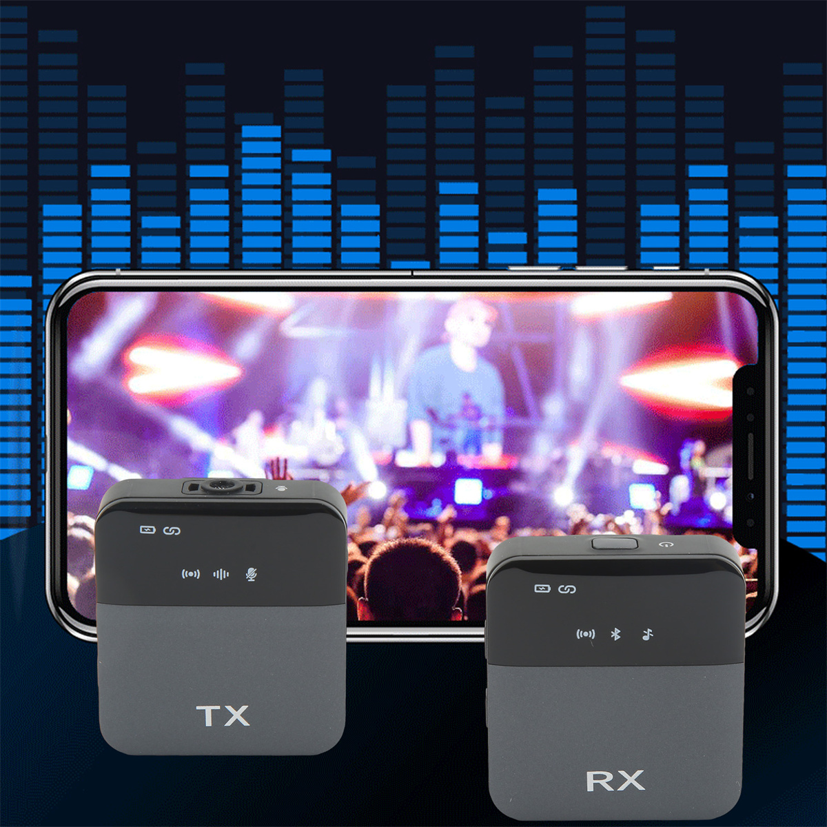 Zwei schwarze drahtlose Mikrofonempfänger mit TX- und RX-Beschriftung und ein Telefon mit Bühne.
