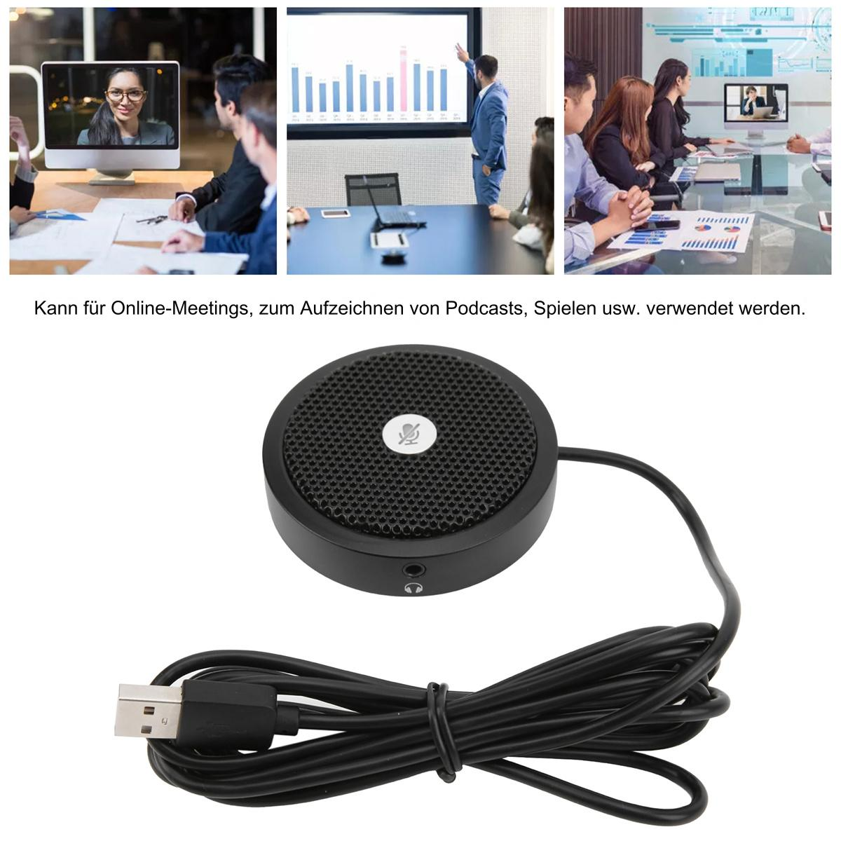 Ein schwarzes Mikrofon mit USB-Kabel, mit Bildern von Personen in Videoanrufen und in Meetings.