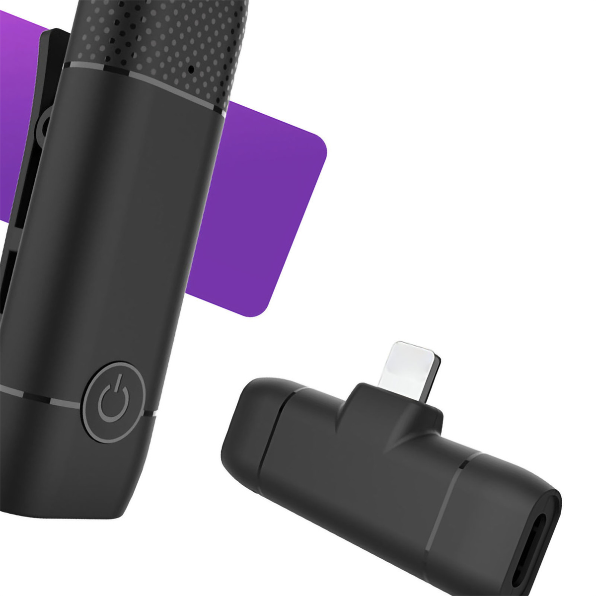 Schwarzes Mikrofon mit Lightning-Port-Adapter. Das Produkt hat eine Ein-/Aus-Taste und ist vor weißem Hintergrund.