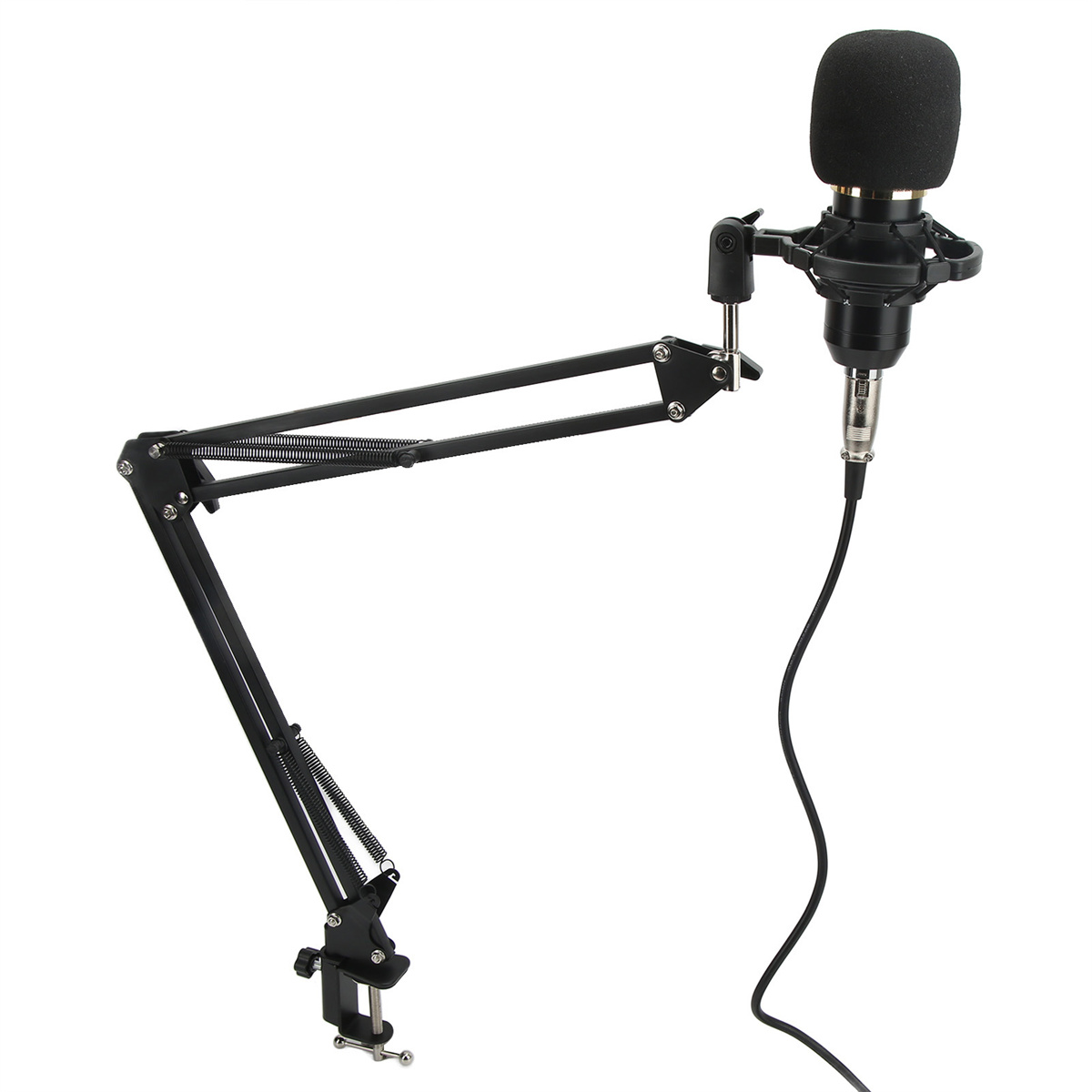 Ein schwarzes Mikrofon mit Pop-Filter, montiert auf einem schwarzen, verstellbaren Arm mit Klemme auf weißem Hintergrund.