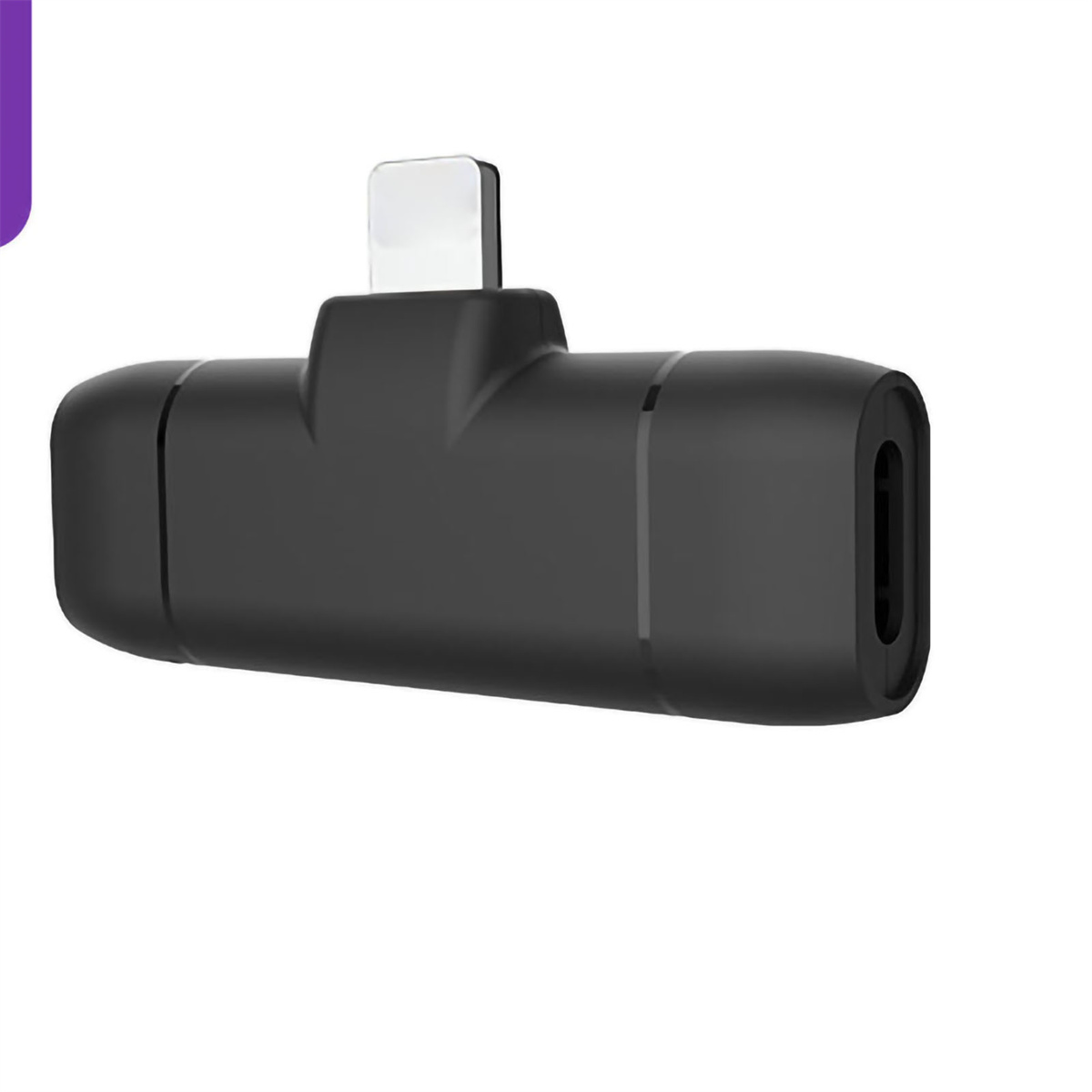 Ein schwarzer Adapter mit Lightning-Anschluss an einem Ende und 3,5-mm-Audiobuchse am anderen.