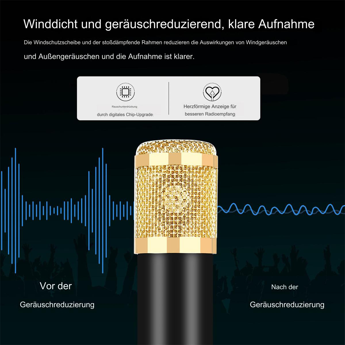 Goldenes Mikrofon mit blauen Schallwellengrafiken, Textbeschriftungen und dunklem Hintergrund.