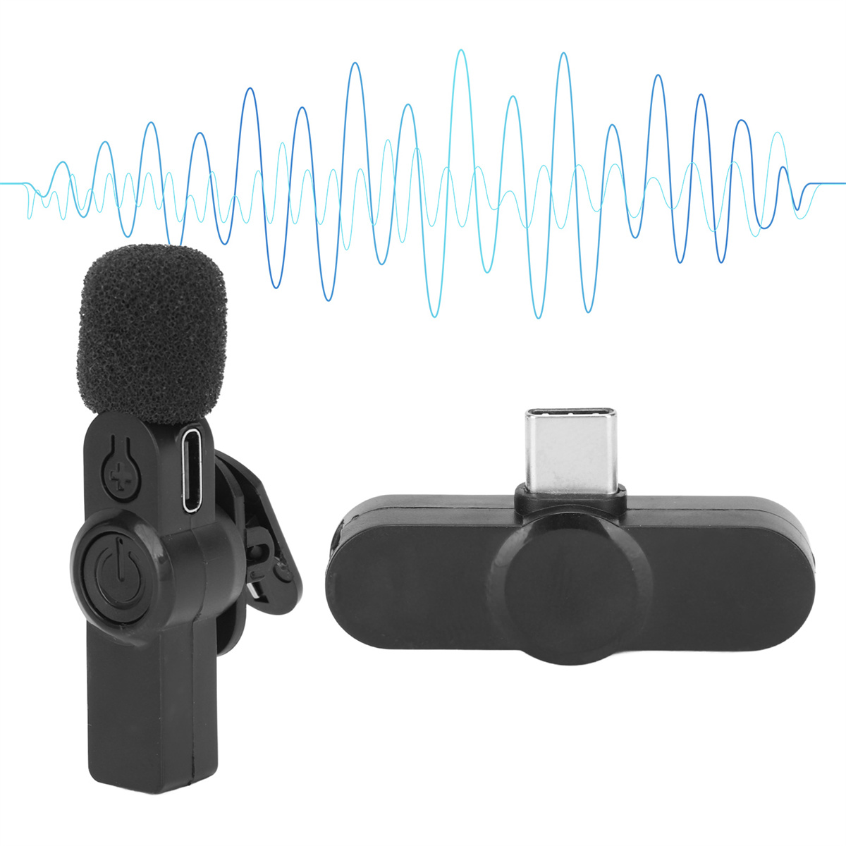 Schwarzes Mikrofon und USB-Empfänger-Set, mit Audiowellen-Grafik, vor weißem Hintergrund.