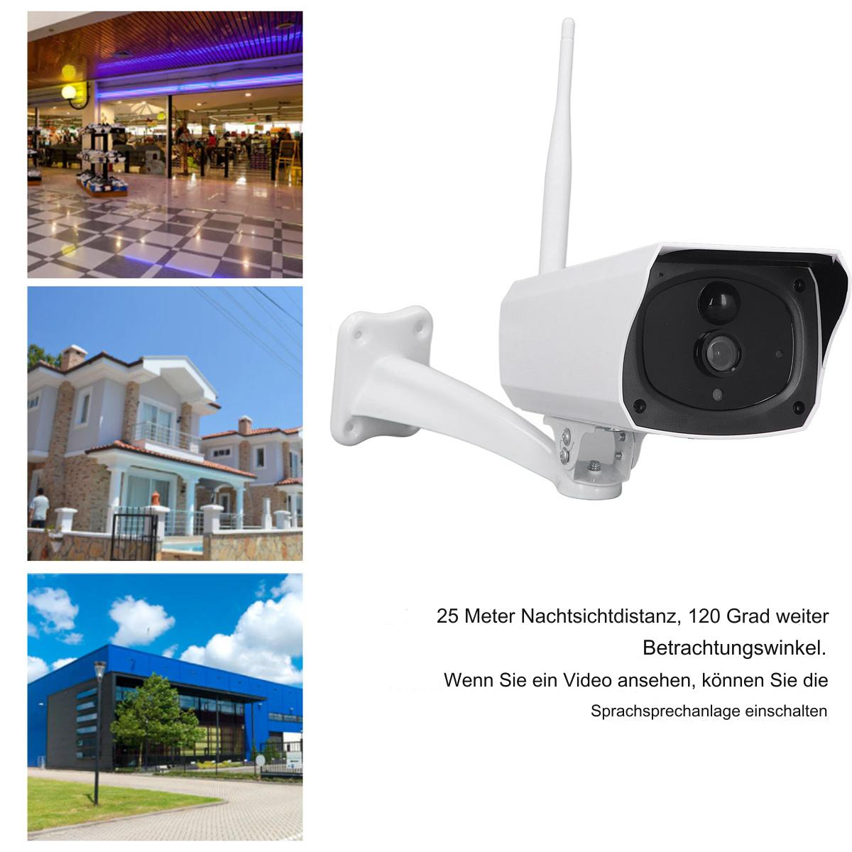 Weiße Überwachungskamera mit Antenne, montiert. Bilder von Einkaufszentrum, Häusern und Gebäude im Hintergrund.