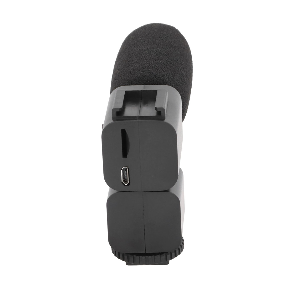 Schwarzes Mikrofon mit Schaumstoffabdeckung, schwarze Basis mit Schlitzen und USB-Anschluss.