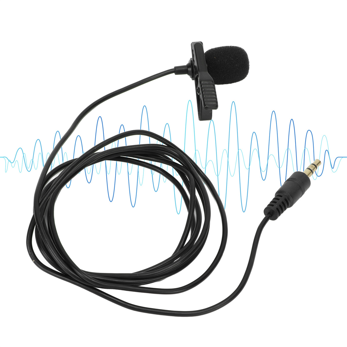 Schwarzes Mikrofon mit Clip und Kabel, mit Schallwellen-Grafik.