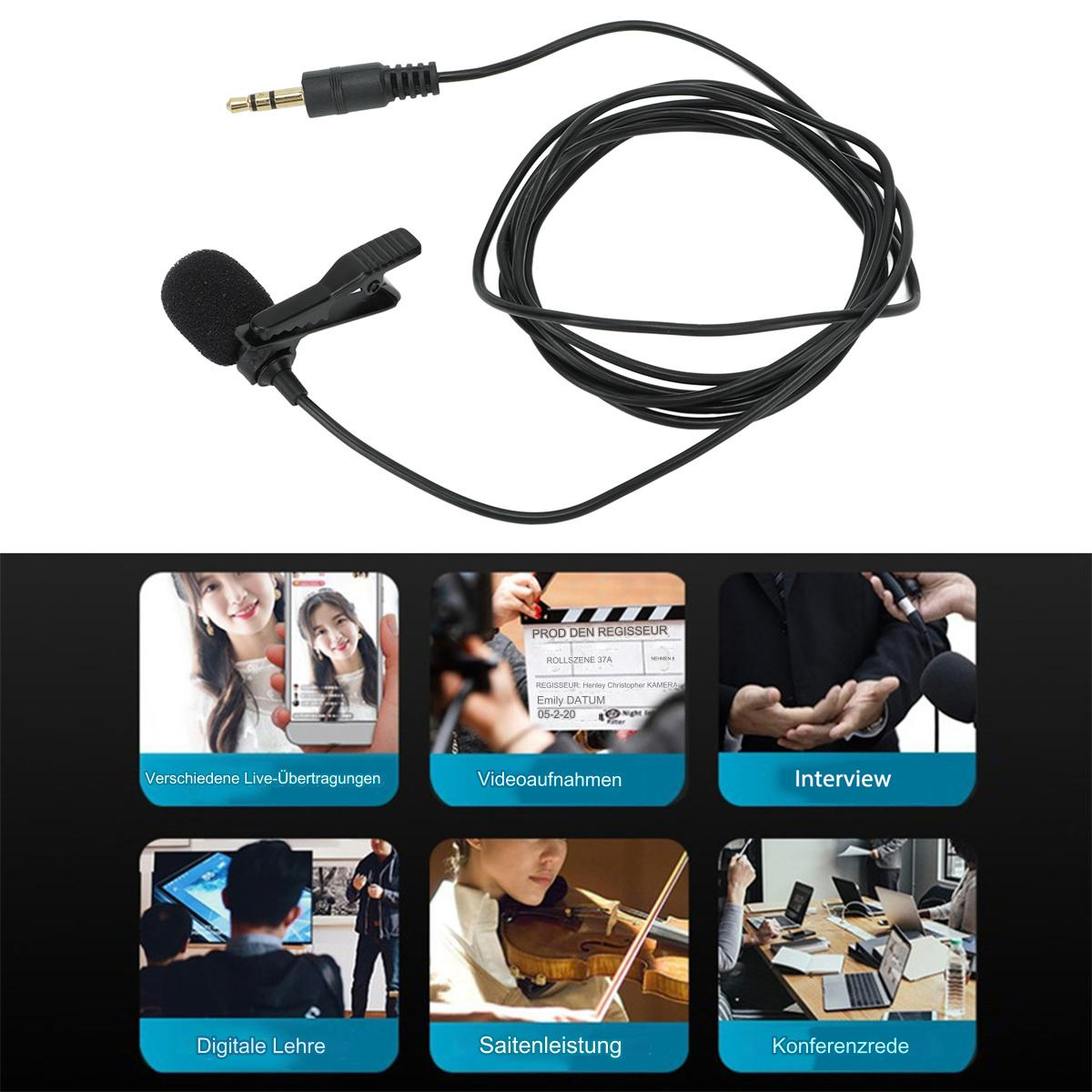 Schwarzes Ansteckmikrofon, Kabel und Stecker, mit verschiedenen Nutzungssymbolen: Live-Streaming, Videoaufnahmen, Interview.