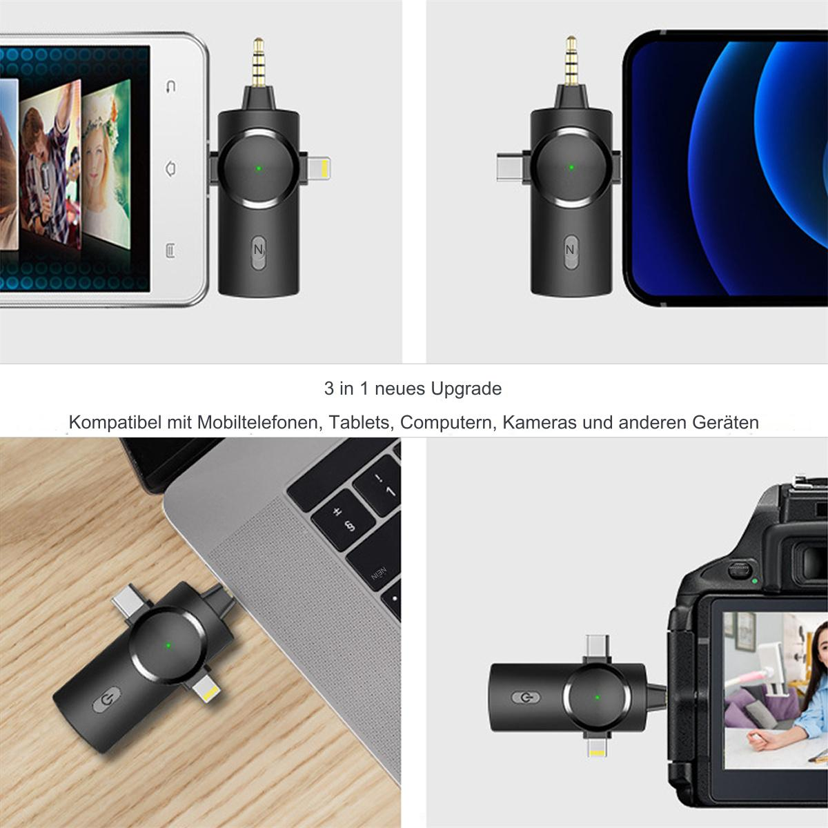 Verschiedene Bilder eines kleinen Geräts, das mit verschiedenen Telefonen, Tablets und Kameras verbunden ist. Es hat einen Ladeanschluss.