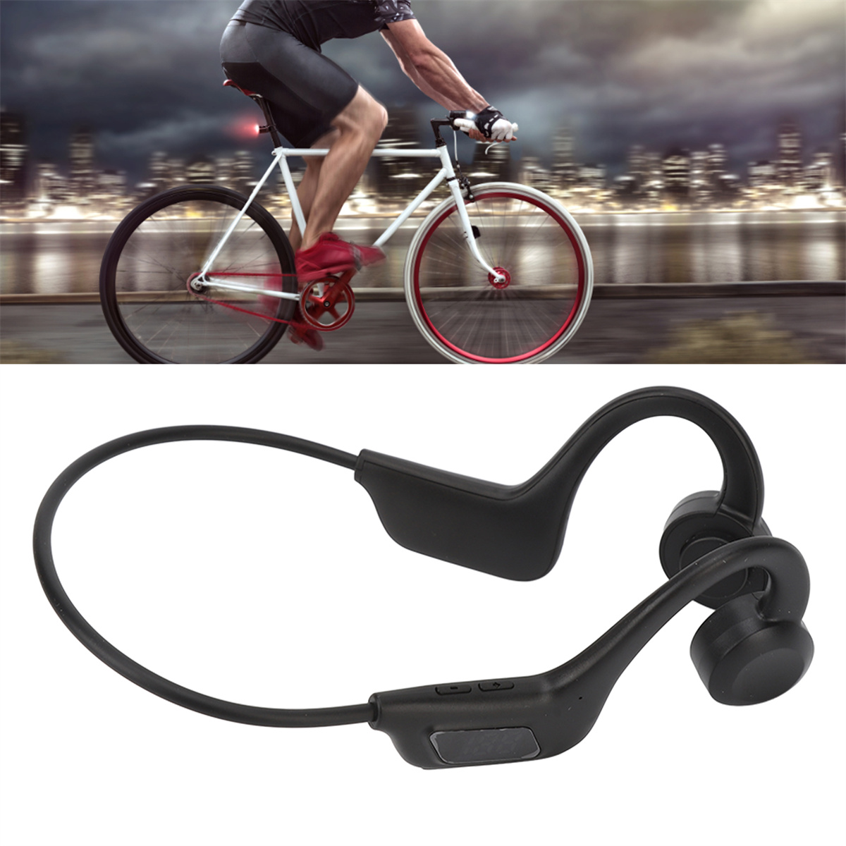 Kabellose Knochenschallkopfhörer, im Hintergrund ein Radfahrer.