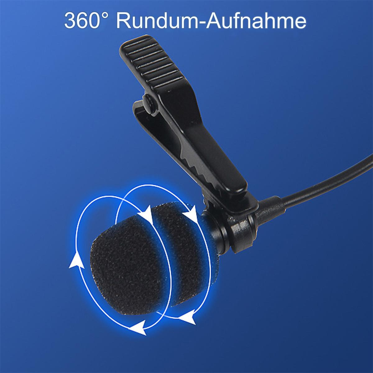 Schwarzes Mikrofon mit Clip, auf blauem Hintergrund, mit einem 360-Grad-Symbol.