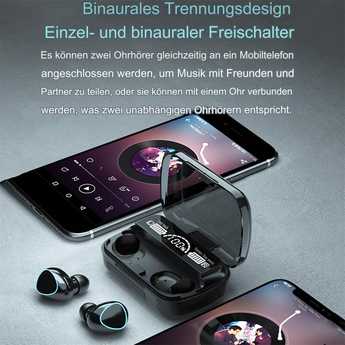 Kabellose Ohrhörer in einem geöffneten Ladeetui, mit einem Telefon, das Musikwiedergabe auf dem Bildschirm zeigt.