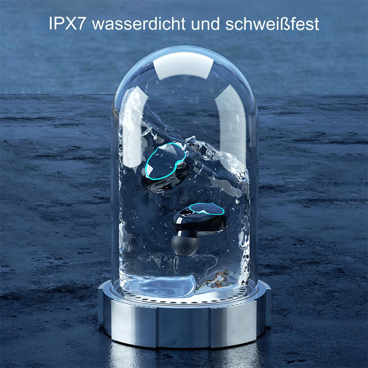 Ohrhörer in Wasser getaucht, in einem Glasbehälter, mit Text darüber.