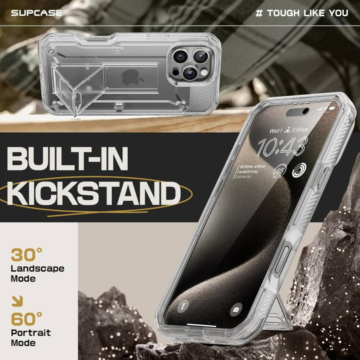 Transparente Handyhülle mit integriertem Ständer, der ein Handy hält, Text Built-in Kickstand und Landschafts- und Portraitmodus-Symbole.