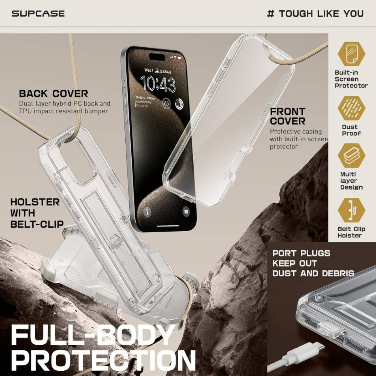 Handyhülle mit Telefon darin. Zeigt Vorder- und Rückseite, Holster. Text beschreibt die Eigenschaften der Hülle.