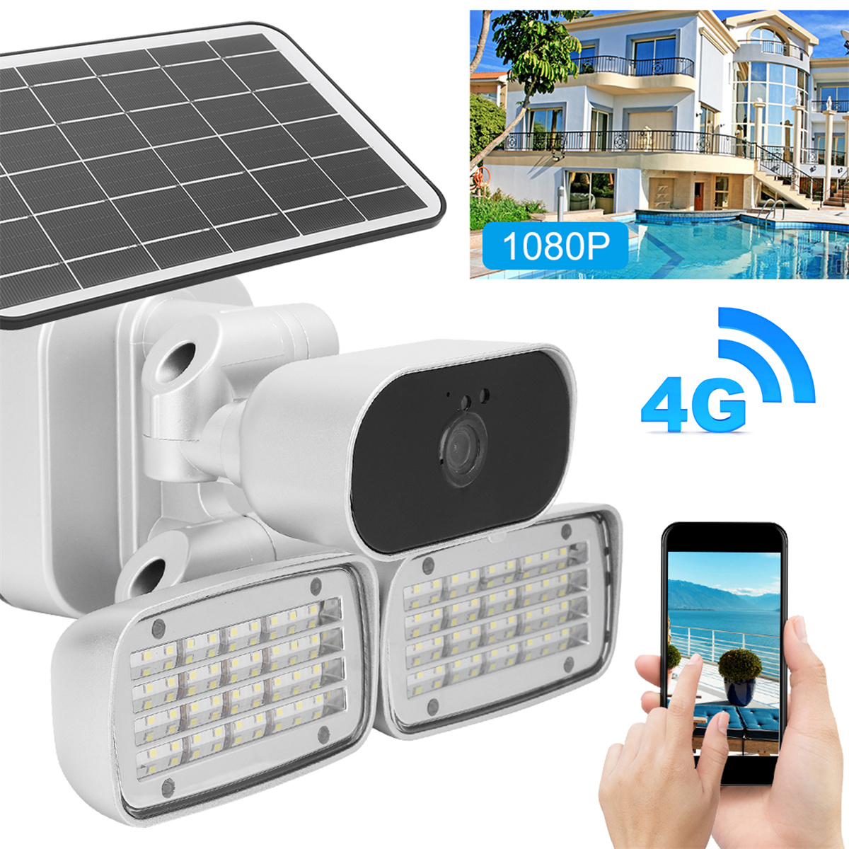 Ein Überwachungskamera- und Solarpanel-Setup mit Gebäudehintergrund und einem Telefonbildschirm.