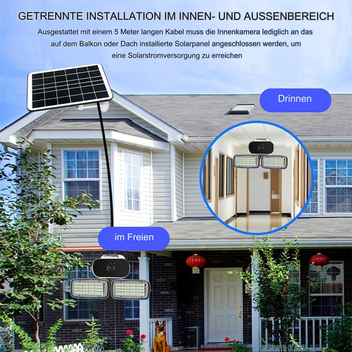 Überwachungskamera-System mit Solarpanel und zwei Scheinwerfern.