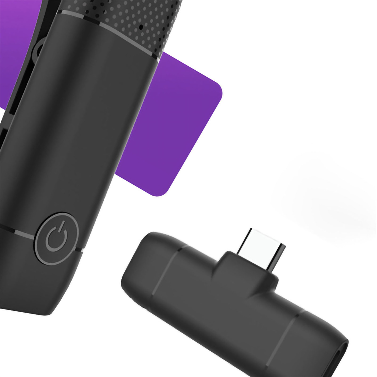Schwarzes Mikrofon mit lila Akzent und USB-C-Anschluss.
